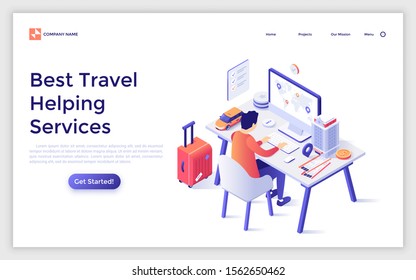 Landing page template with man sitting at desk with map. Concept of online tourist or travel information service, internet booking of accommodation and transport. Modern isometric vector illustration.