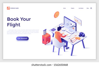 Landing page template with man sitting at desk with aircraft on screen. Concept of travel service for buying plane tickets or online flight booking. Modern isometric vector illustration for website.