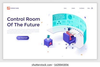 Landing page template with man sitting at dashboard or control panel and futuristic virtual display. Concept of digital monitoring system of future. Modern isometric vector illustration for website.