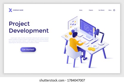 Landing page template with man sitting at computer with blueprint on screen and working. Concept of project development, strategic business planning. Modern isometric vector illustration for website.