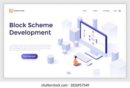 Landing page template with man sitting at computer and creating tree diagram or workflow chart. Concept of block scheme building or development. Modern isometric vector illustration for website.