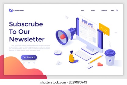 Landing Page Template With Man Sitting In Front Of Computer And Reading News On Screen. Concept Of Subscription To Newsletter, Internet Newspaper. Modern Isometric Vector Illustration For Webpage.