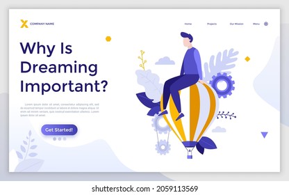 Landing Page Template With Man Sitting On Top Of Flying Air Balloon. Concept Of Dreaming, Making Inspiring Plans, Thinking About Future. Modern Flat Colorful Vector Illustration For Webpage, Website.