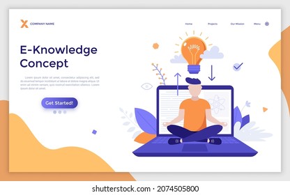 Landing page template with man sitting cross-legged on laptop computer and meditating and lightbulb above him. Concept of money transfer concept. Modern flat colorful vector illustration for webpage.