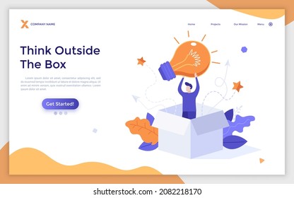 Landing page template with man sitting in box and holding glowing lightbulb. Concept of creative thinking, creativity, innovative idea, insight or breakthrough. Flat vector illustration for website.