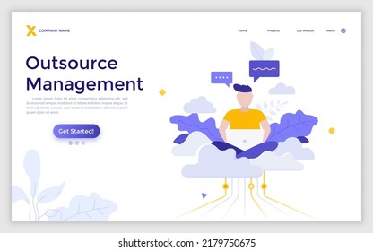 Landing page template with man sitting cross-legged on cloud and working on laptop. Concept of professional outsourcing, outsourced management function. Modern flat vector illustration for website.