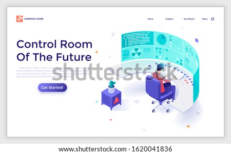 Landing page template with man sitting at dashboard or control panel and futuristic virtual display. Concept of digital monitoring system of future. Modern isometric vector illustration for website.