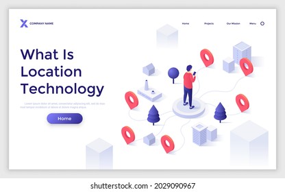 Landing page template with man with smartphone standing on city street and network of map pins. Concept of technology for location search, navigation application. Modern isometric vector illustration.