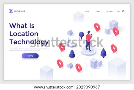 Landing page template with man with smartphone standing on city street and network of map pins. Concept of technology for location search, navigation application. Modern isometric vector illustration.