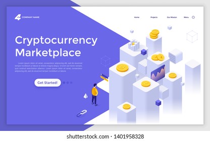 Landing page template with man standing in front of cubic columns and crypto coins. Internet marketplace for online cryptocurrency exchange. Modern isometric vector illustration for website, webpage.