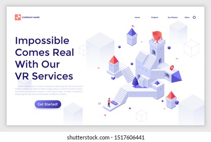 Landing page template with man standing in front of castle with stairs and goblet on tower. Concept of virtual or augmented reality service, game simulation. Isometric vector illustration for website.