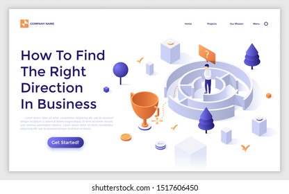 Landing page template with man standing in maze or labyrinth and trying to find exit. Concept of search of right direction in business or problem solving. Isometric vector illustration for website.
