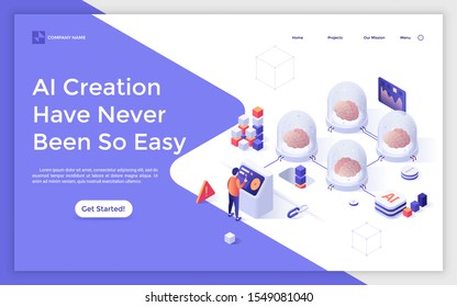 Landing page template with man standing at control panel and programming brains in glass pods connected into network. Concept of creation of artificial intelligence. Isometric vector illustration.