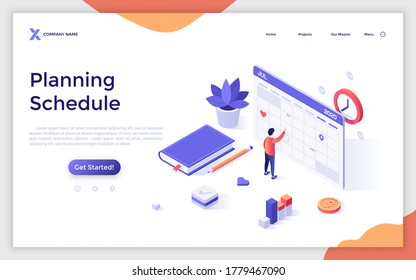 Landing Page Template With Man Standing At Giant Calendar Or Planner. Concept Of Schedule Planning, Effective Time Management, Work Organization System. Isometric Vector Illustration For Website.