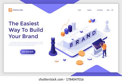 Landing page template with man standing at control panel and cubes with letters on giant smartphone. Concept of strategic brand management, branding. Modern isometric vector illustration for website.