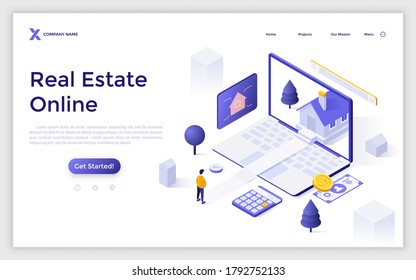 Landing page template with man standing in front of laptop computer with house on screen. Concept of buying home online, internet aggregator for real estate search. Isometric vector illustration.