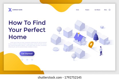 Landing page template with man standing at city district with houses. Concept of finding perfect home, search for real estate, property for sale. Isometric vector illustration for internet service.