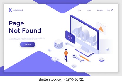 Landing page template with man standing in front of 404 number on computer screen. Concept of page not found error notification, webpage technical problem. Isometric vector illustration for website.
