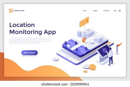 Landing page template with man standing at control panel and smartphone with city map on screen. Concept of location monitoring app for mobile device. Modern isometric vector illustration for webpage.