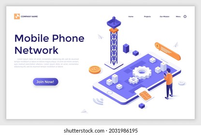 Landing Page Template With Man Standing In Front Of Smartphone, Radio Tower And SIM Card. Concept Of Mobile Phone Communication, Cellular Network. Modern Isometric Vector Illustration For Website.