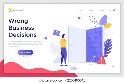 Landing page template with man standing in front of open entrance door blocked by brick wall. Concept of wrong business decision, mistake, deadlock, difficulty. Flat vector illustration for website.