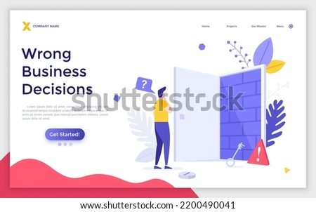Landing page template with man standing in front of open entrance door blocked by brick wall. Concept of wrong business decision, mistake, deadlock, difficulty. Flat vector illustration for website.