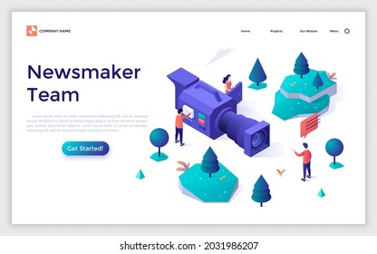 Landing Page Template mit Mann reden vor der Videokamera und Leute, die sie aufzeichnen. Konzept der Produktion von Nachrichten, Fernsehberichterstattung, Nachrichtenproduktion. Isometrische Vektorgrafik für Website.
