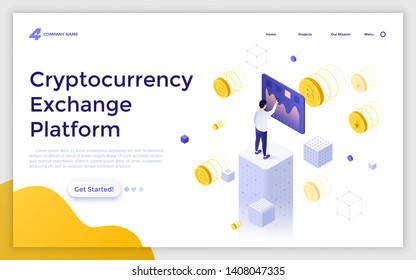 Landing page template with man touching screen and crypto coins around him. Cryptocurrency exchange platform or market. Modern isometric vector illustration for advertising, online service promo.