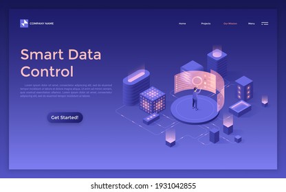 Landing page template with man touching screen with monitoring indicators. Concept of smart data control, information analysis, computing technology. Modern isometric vector illustration for webpage.