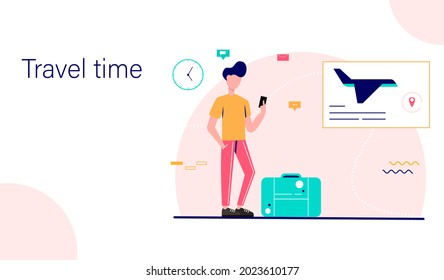 Landing page template. Man traveler waiting for departure. Waiting room interior. Vector illustration.