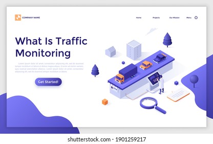 Plantilla de página de aterrizaje con un hombre usando panel electrónico para controlar automóviles que circulan por la carretera. Concepto de investigación sobre sistemas de monitoreo de tráfico en ciudades inteligentes. Isometric vector ilustración para la página web.