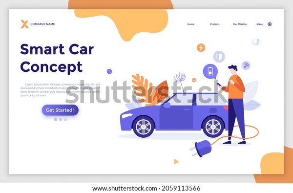Landing page template with man using smartphone\
and electric automobile with plug. Concept of mobile app for smart\
car monitoring or remote control system. Modern flat vector\
illustration for\
website.