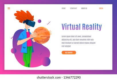 Landing page template. Man in VR headset studying the planet Mars. Cartoon style illustration.