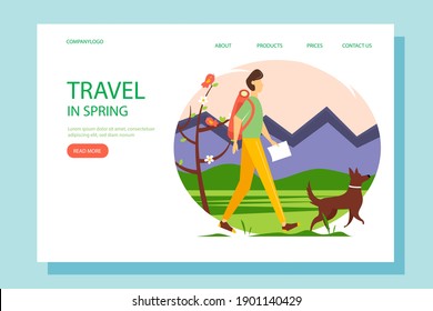 Landing page template. Man walking with dog in the national park. Illustration for outdoor activities, travel, hiking. Spring vector illustration in flat style.