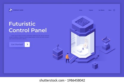 Landing page template with man walking into booth with joystick. Concept of futuristic control panel, digital controller or electronic manipulator. Modern isometric vector illustration for webpage.