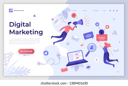 Landing page template with man and woman holding bullhorn. Digital marketing, SMM, website content promotion on Internet and social media. Creative flat vector illustration for service advertisement.