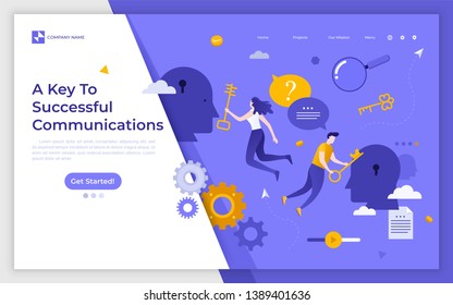 Landing page template with man and woman holding keys. Successful communication, personal approach to customer, access to information. Modern flat vector illustration for service advertisement.