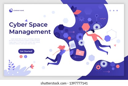 Landing page template with man and woman flying or levitating in cyber space. Cyberspace management, digital environment technology, virtual reality. Modern flat vector illustration for website.