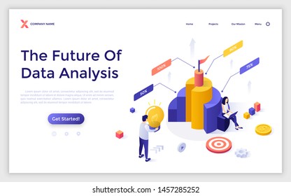 Landing Page Template mit Mann und Frau Analysten analysieren Vergleichsplan. Zukunft der Datenanalyse, Finanzanalyse, Marktforschung. Isometrische Vektorillustration Illustration für Website, Webseite.