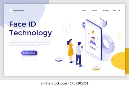 Landing page template with man and woman standing in front giant smartphone. Face ID technology, facial recognition system, biometric authentication. Isometric vector illustration for website, banner.