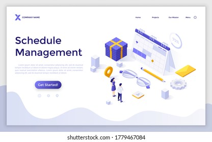 Landing page template with man and woman standing at giant calendar or planner. Concept of effective work planning, business schedule management, productivity. Modern isometric vector illustration.