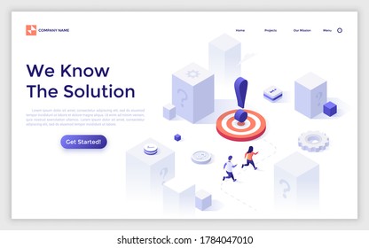 Landing page template with man and woman running towards target with exclamation mark. Concept of way to problem solving, finding answer or solution. Isometric vector illustration for online service.