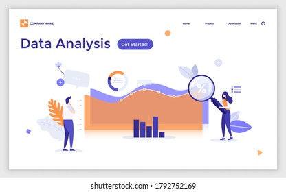 Landing Page Template mit Mann und Frau mit Lupe Analyse Diagramme und Grafiken. Konzept der statistischen oder finanziellen Datenanalyse. Moderne flache Vektorgrafik für Website, Banner.