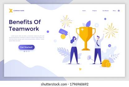 Landing page template with man and woman holding golden winner's cup or prize together. Concept of benefits of teamwork, business triumph, work success. Modern flat vector illustration for website.