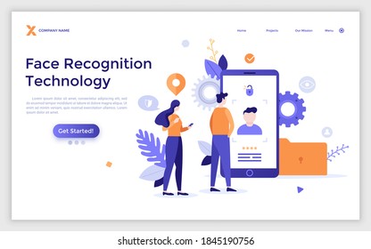 Landing page template with man and woman standing in front of smartphone and trying to get access. Concept of facial recognition system or technology. Modern isometric vector illustration for website.