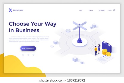 Landing page template with man and woman standing at crossroad, money and briefcase. Concept of choice of business development direction, way or route. Isometric vector illustration for webpage.