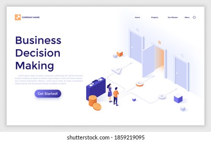 Landing Page Template With Man And Woman Choosing Door To Enter, Coins, Briefcase. Concept Of Business Decision Making, Choice Of Market Entry Strategy. Isometric Vector Illustration For Website.