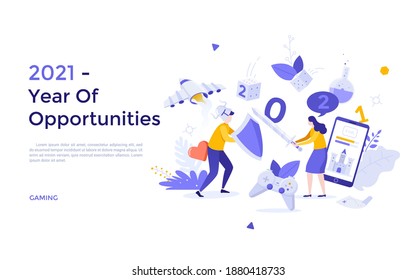 Landing page template with man and woman fighting with sword and shield. Concept of 2021 as year of opportunities for online gaming, digital entertainment. Modern flat vector illustration for website.