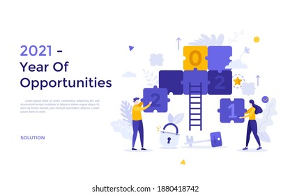 Landing page template with man and woman assembling jigsaw puzzle. Concept of 2021 as year of opportunities for business problem solving, working on task. Modern flat vector illustration for website.