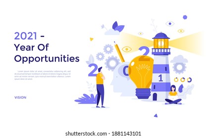 Landing page template with man and woman working at lighthouse, lightbulb and human head. Concept of 2021 as year of opportunities for strategic vision, business thinking. Flat vector illustration.